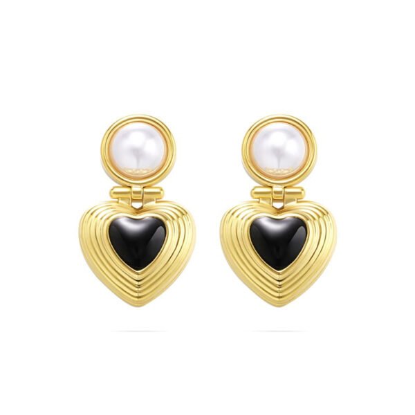 Vintage Black Agate Heart Pearl Earrings