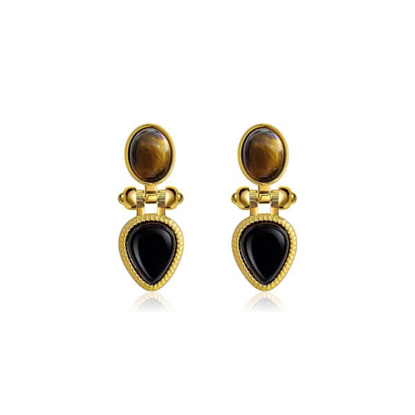 Heart-shaped black agate and natural tiger's eye earrings