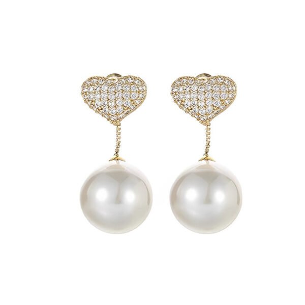 Diamond-encrusted heart-shaped pearl pendant earrings